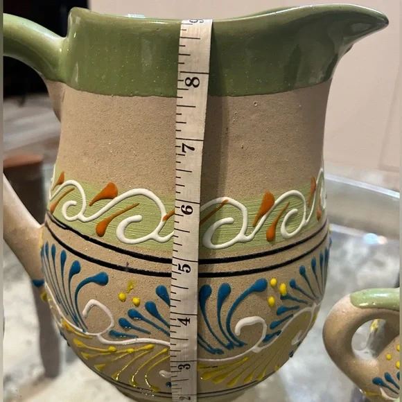 Hand painted  Mexican Clay Pitcher and Cups .Set of 7 - Picture 4 of 9